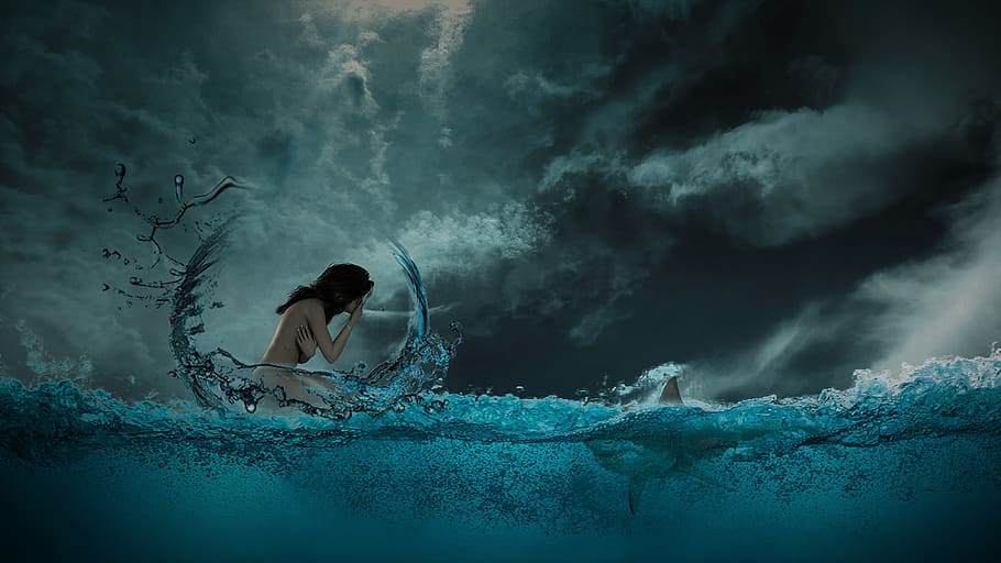 fantasy, sea, hai, woman, fear, composing, romantic, mystical, wave, mood