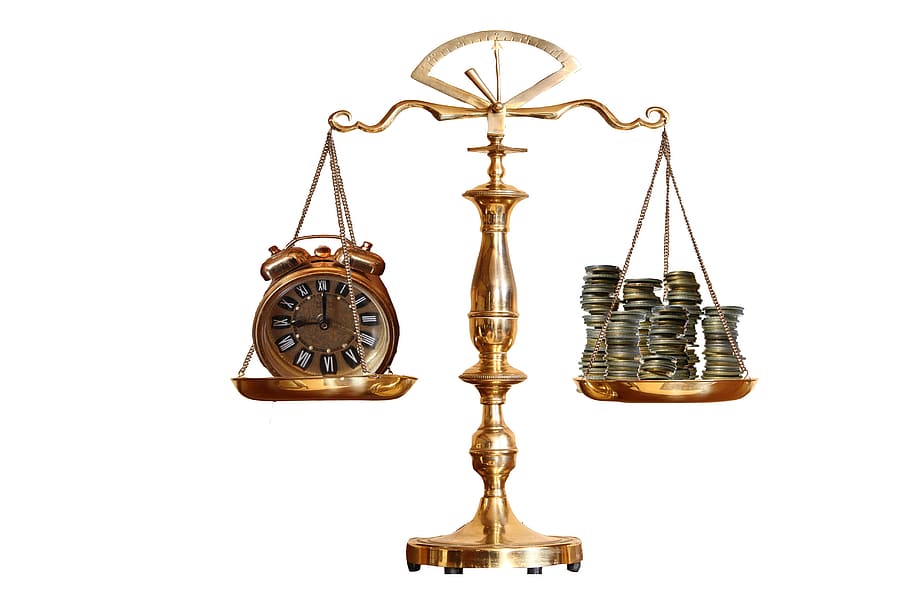 brass-colored balance scale, analog clock, coins, brass, balance scale, clock, justice, scales, balance, lawyer
