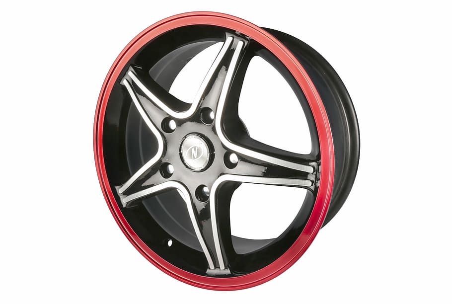silver, red, black, 5-spoke, vehicle wheel, wheel, alloy, car, white background, cut out