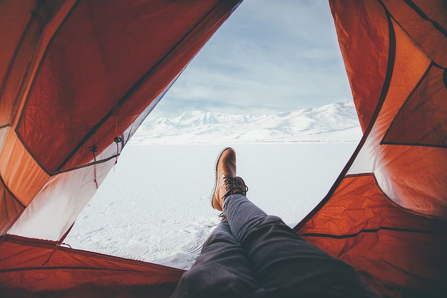 leather, shoe, footwear, leg, travel, tent, snow, winter, cloud, sky