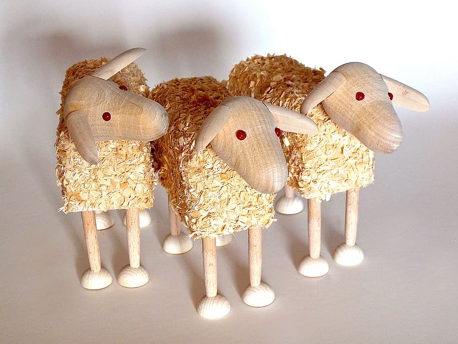 three, brown, sheep figurines, white, surface, sheep, wooden sheep, wood wool, tinker, play