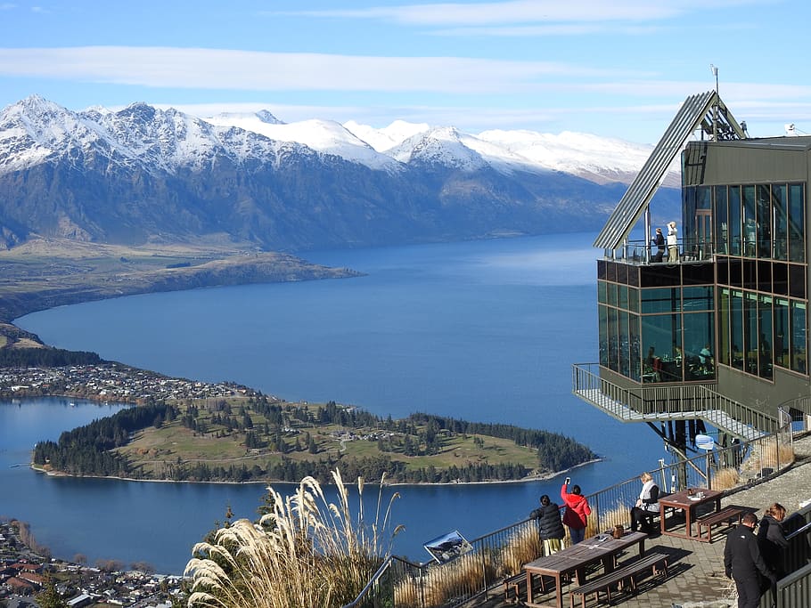 lake, queenstown, sky, snow-capped mountain, water, mountain, architecture, built structure, real people, nature