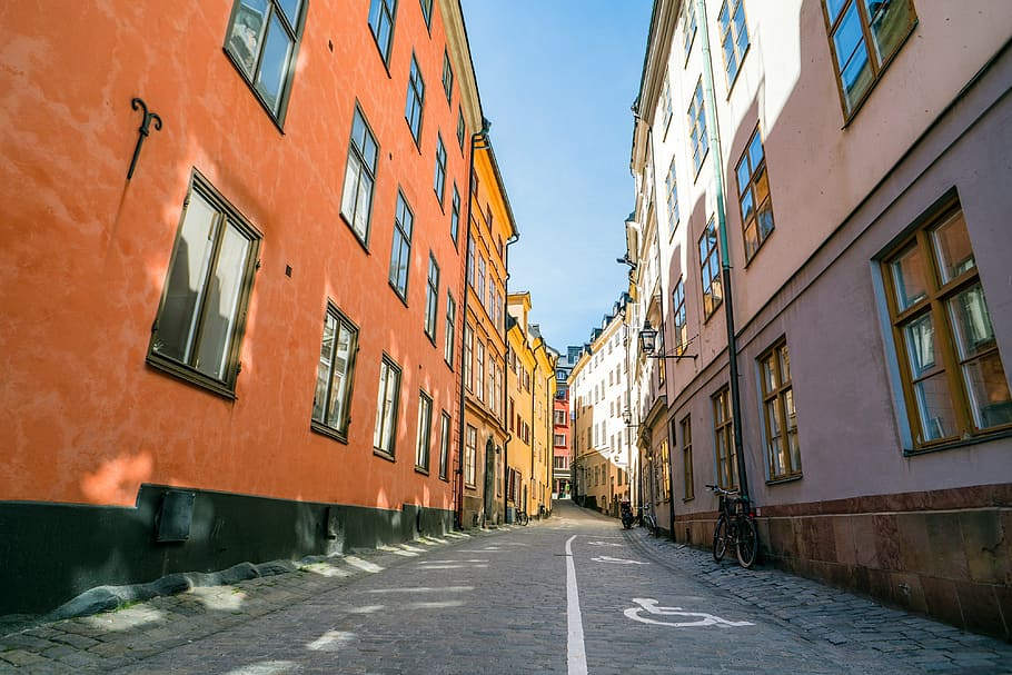 grey, concrete, road, brown, white, buildings, stockholm, sweden, old city, alley