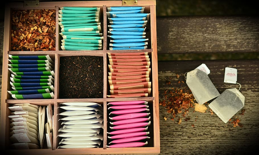 assorted-color tea pack lot, tee, tea bags, teas, benefit from, herbal tea, fruit tea, tea granules, tea box, box
