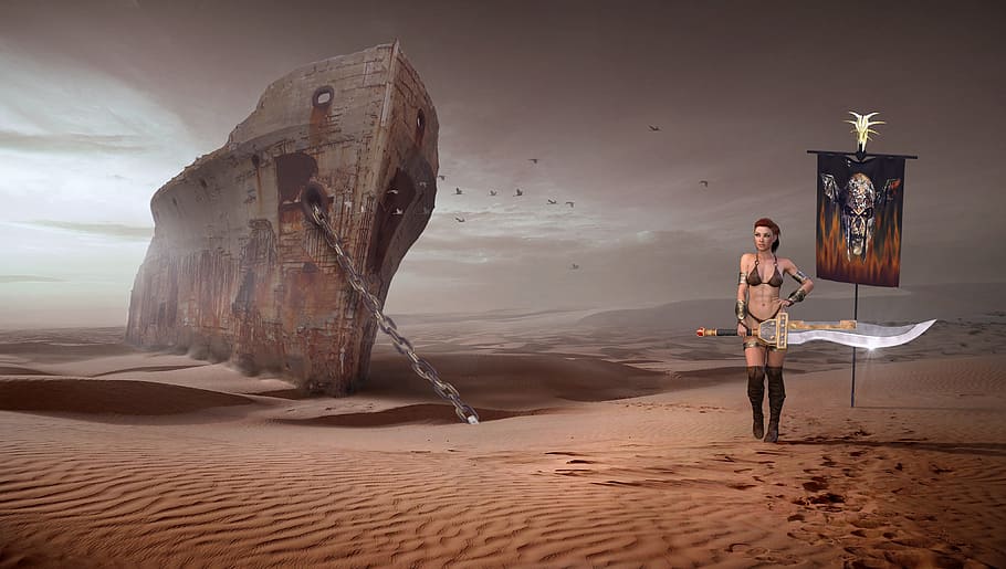 female, computer game character, standing, shipwreck, desert, fantasy, end time, dry, woman, warrior