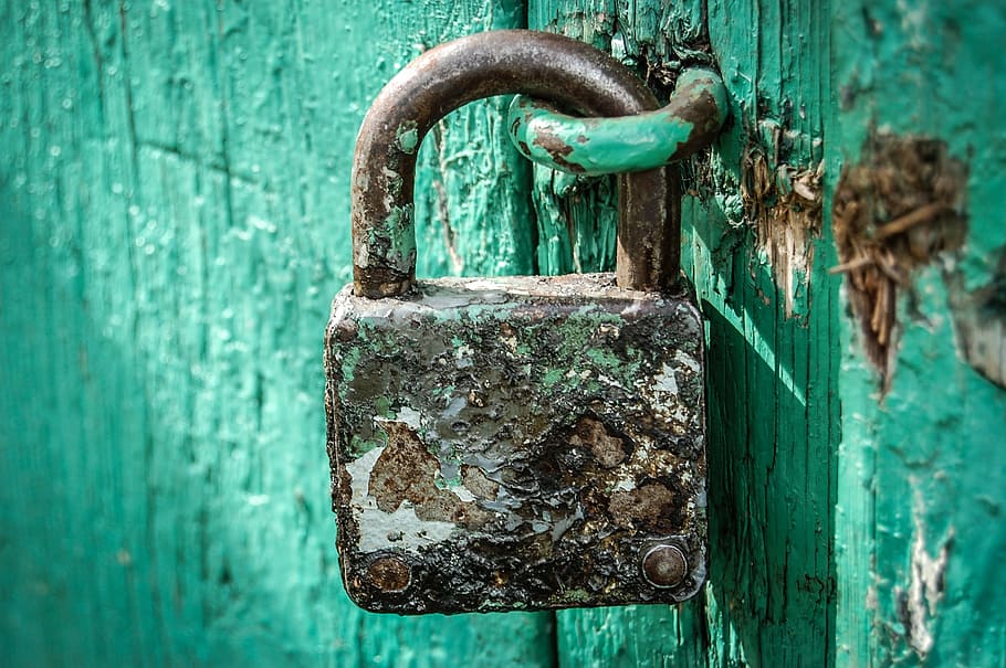 locked brown padlock, by wlodek, old, close, hack, closed, rust, key, castle, metal