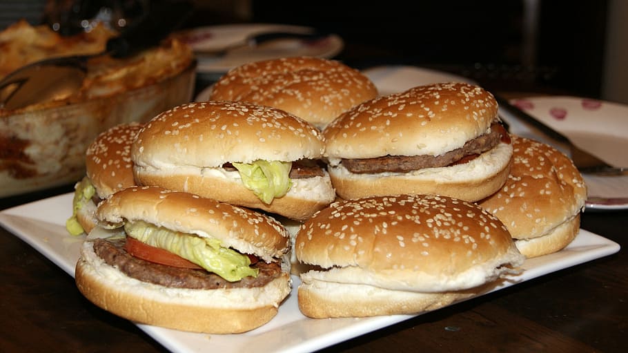 hamburger, kotak, putih, piring, burger, ayam, hidangan, makanan, buatan sendiri, daging