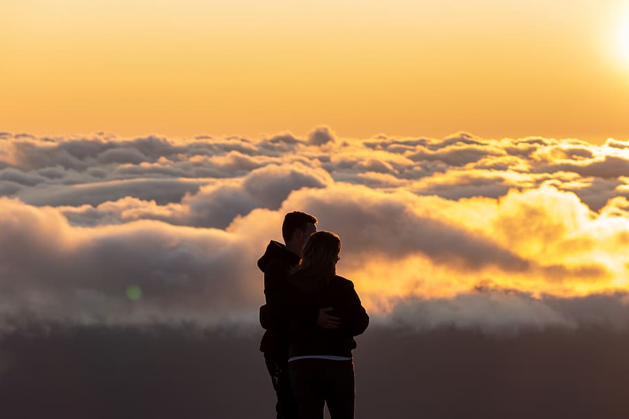 people, silhouette, outdoors, couple, clouds, view, sightseeing, sunset, nature, male