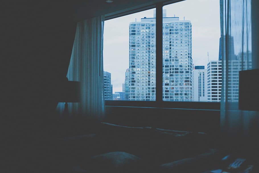 grayscale photo, glass window, displaying, high, rise building, hotel, bedroom, window, curtains, city