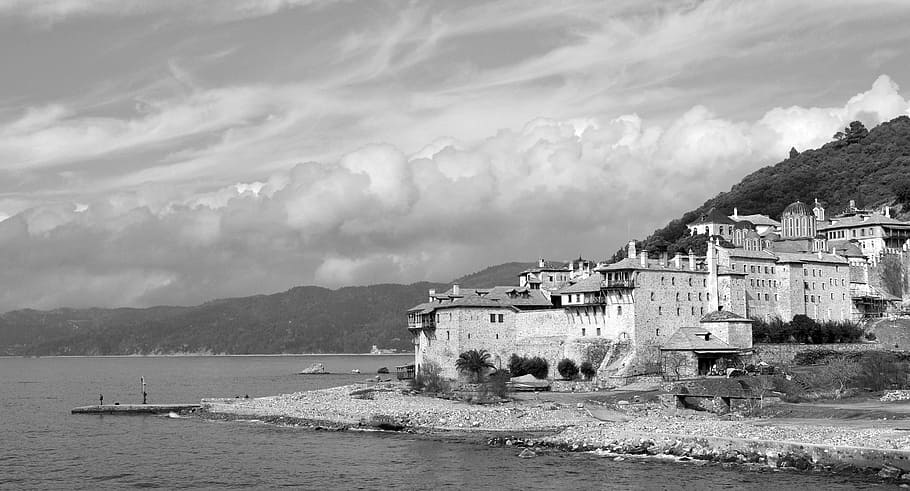 athos mountain, greece, monastery, church, black and white, aegean sea, landscape, great, water, island