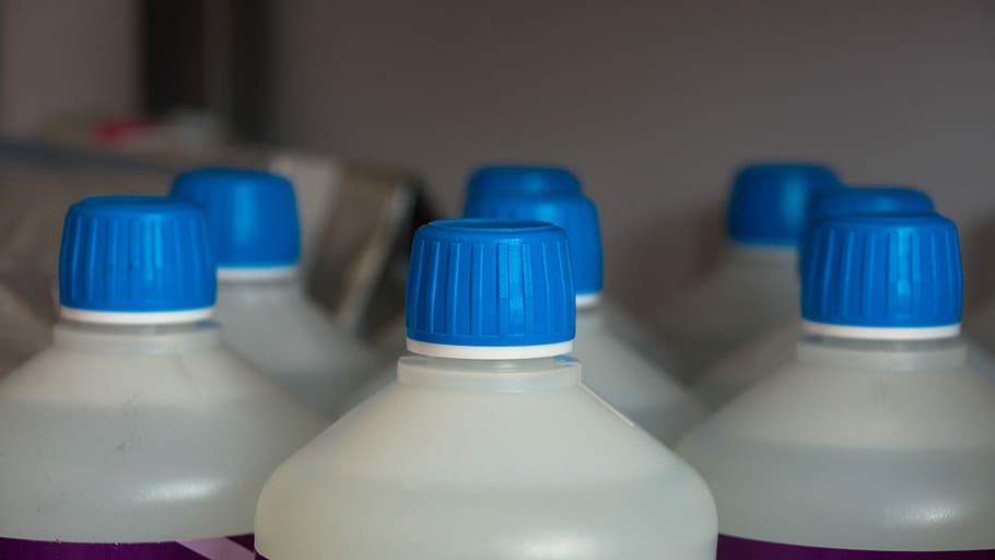white-and-blue plastic bottles, wall, Bottles, Cap, Liquid, Container, blue, detergent, plastic, laboratory