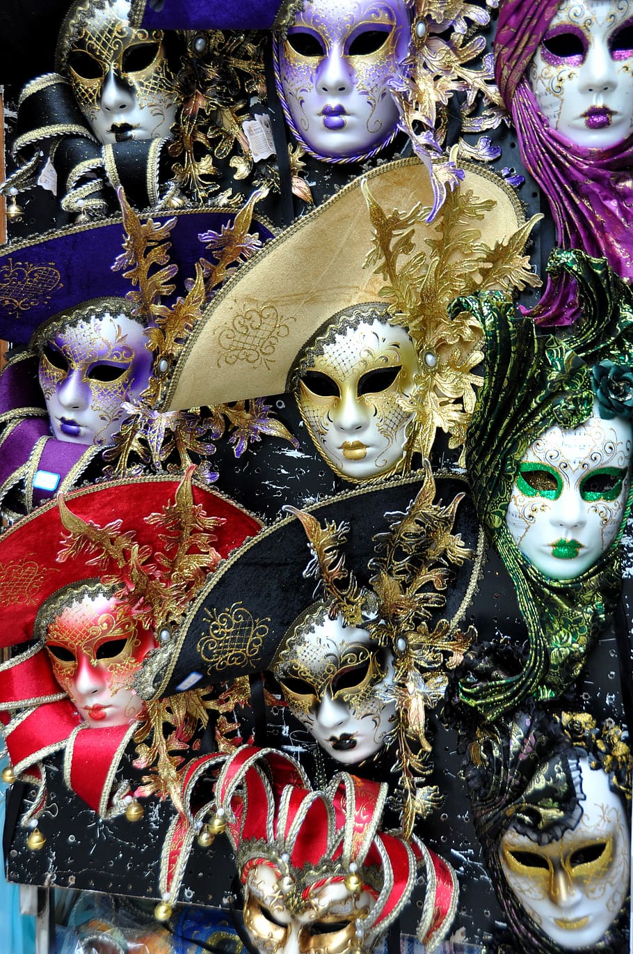 assorted masquerade masks, Venetian Masks, Disguise, masks, carnival, masquerade, mystery, costume, venice, festival