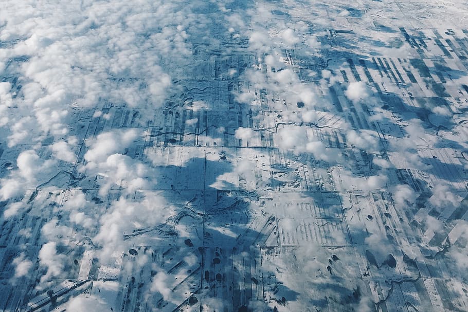 above the clouds, aerial, view, fields, snow, winter, cold temperature, beauty in nature, nature, scenics - nature