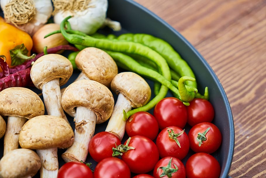 variety, vegetables, black, bowl, mushroom, pepper, background, nutrition, backgrounds, food