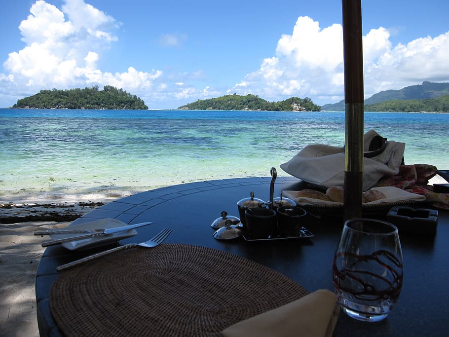 clear, drinking glass, table, seashore, daytime, seychelles, travel, luxury, honeymoon, paradise