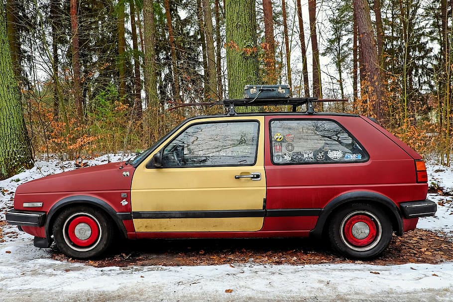 auto, volkswagen, vw-gtd, vehicle, old, classic, winter, holiday, luggage, ski