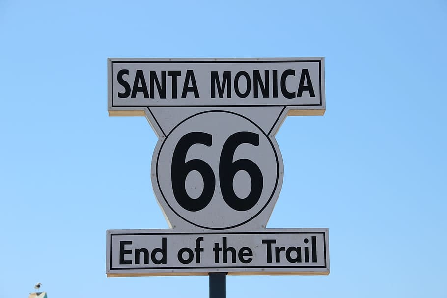 santa, monica, rout, 66, end, trail, sign, santa monica, end of the trail, highway