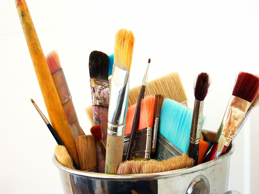assorted, brushes, stainless, steel bucket, brush, paint, art, painting, color, colorful