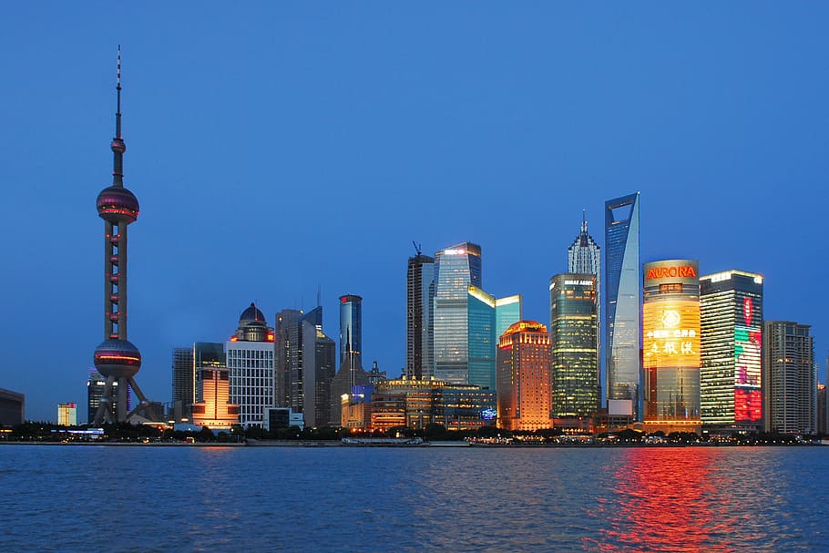 上海のスカイライン, 横, ボディ, 水, 上海, スカイライン, ブルーアワー, 都市景観, 都市のスカイライン, 建築