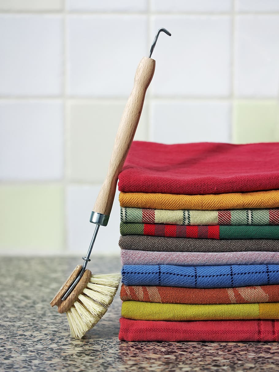 wooden brush, colorful towels, fashion cleaning, old fashion, brush, colorful, kitchen, stack, accessories, background