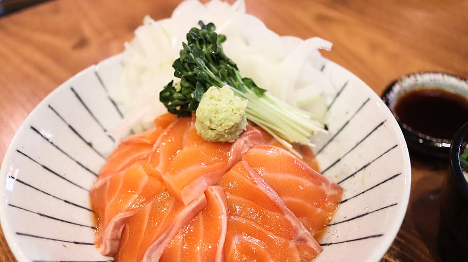 salmón, plato de salmón con arroz, japonés, comer, cenar, grafica de alimentos, comida coreana, comida y bebida, comida, frescura