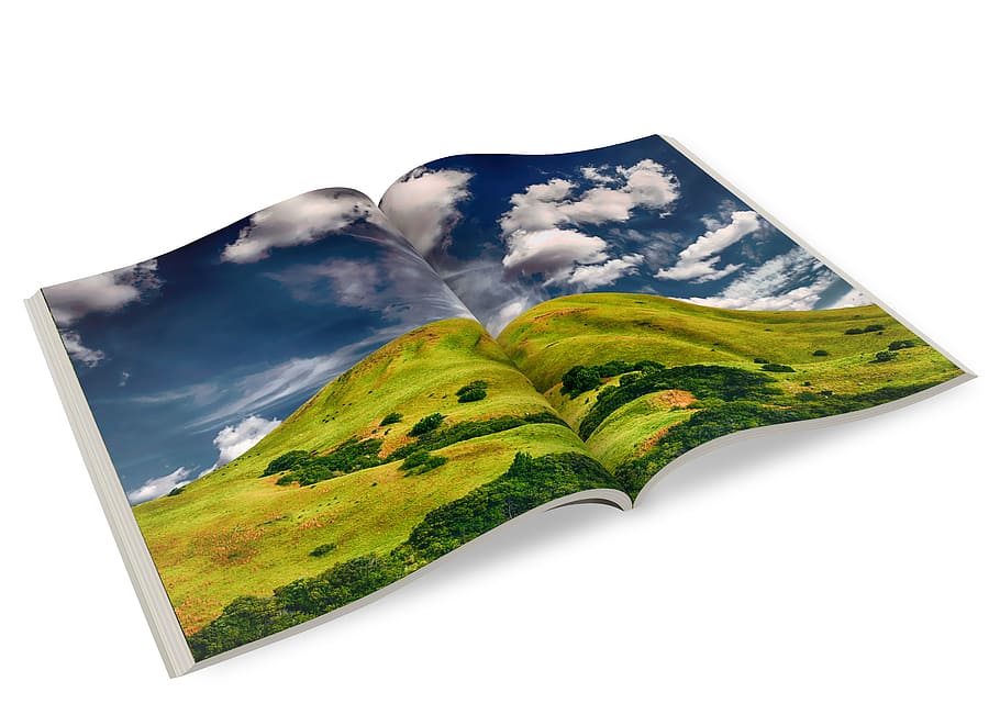 urban land book, magazine, photo book, brochure, layout, publication, white background, studio shot, green color, sky