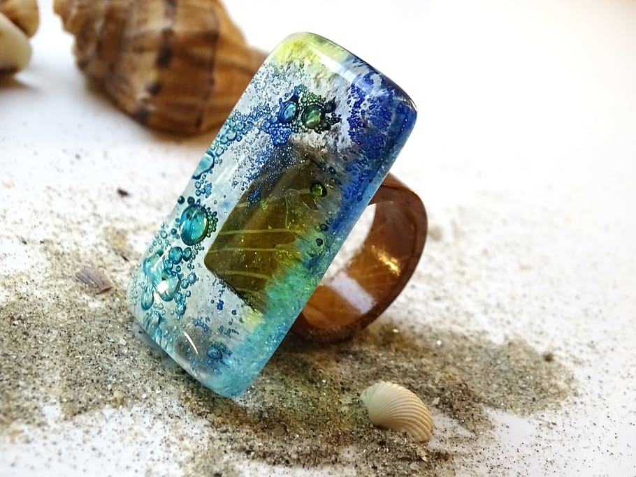 glass and wood ring, jewelry, seascape, one of a kind ring, blue, aquamarine, yellow, gifted by the sea ring, wood, glass ring