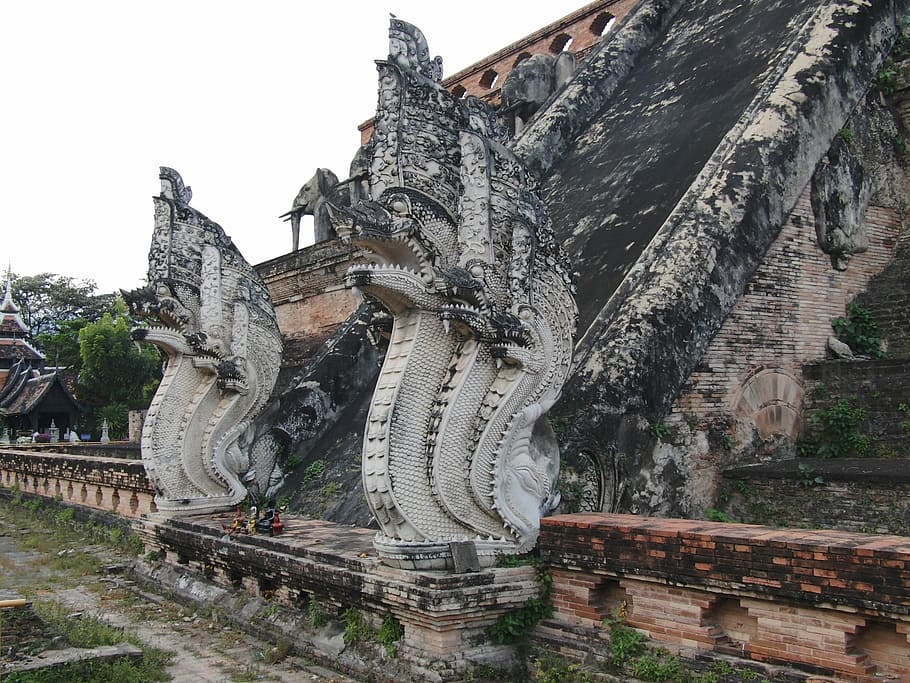 Ásia, Templo, Tailândia, Doi, Escadas, emergência, figura de pedra, naga, cobra grande, cobra de pedra