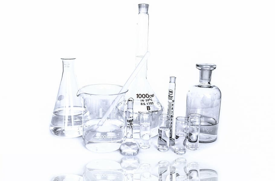 laboratory beakers, white, background, lab, research, chemistry, test, experiment, many, pharmaceutical