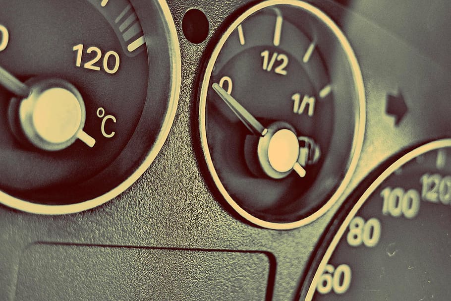 close-up photo, vehicle oil gauge, zero, black, car, gauge, reading, dashboard, gauges, interior