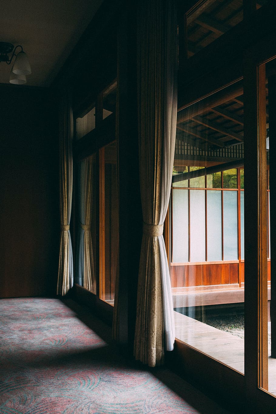 brown, curtain, window, house, architecture, room, glass, interior, floor, indoors