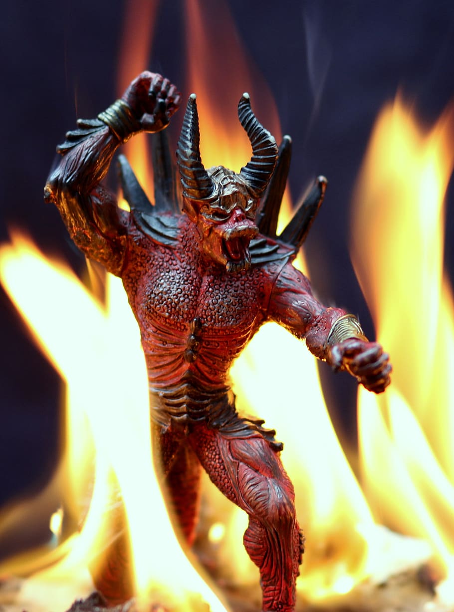 devil, fire, flames, hell, figurine, evil, horns, close-up, animal, animal themes