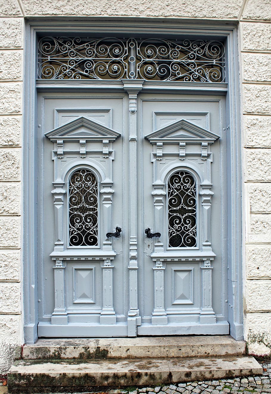 fechado, cinza, de madeira, portas, porta de madeira, porta, entrada, artisticamente, historicismo, porta dupla asa