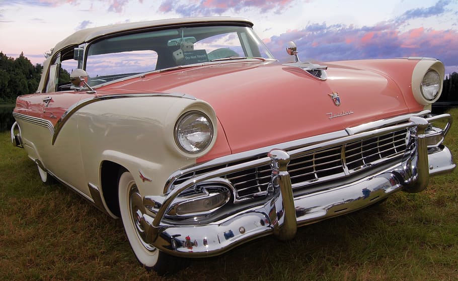 white, pink, chevy, bel, air, ford fairlane, classic car, ford, vintage, classic