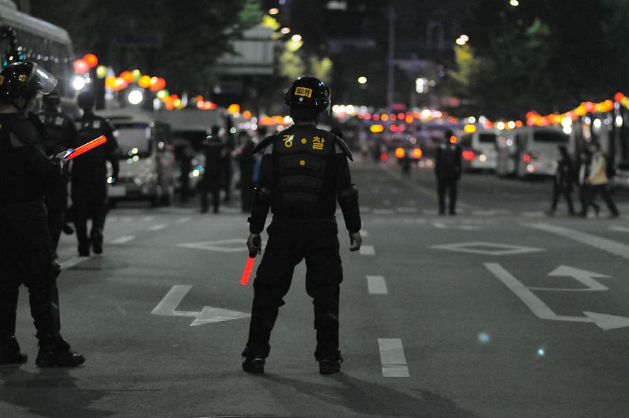 cops, standing, road, people, walking, nighttime, on road, republic of korea, riot police, protest