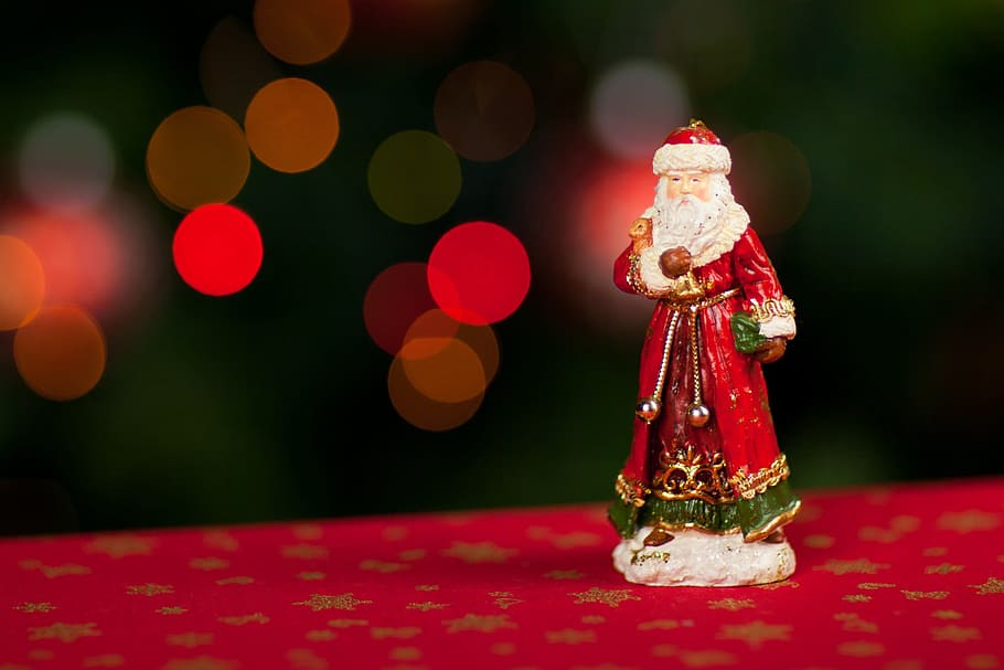 santa claus figurine, top, red, cloth, christmas, santa, claus, light, man, merry