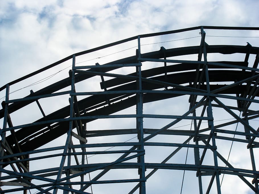 wood, rollercoaster, ride, fun, amusement park, sky, low angle view, built structure, architecture, cloud - sky
