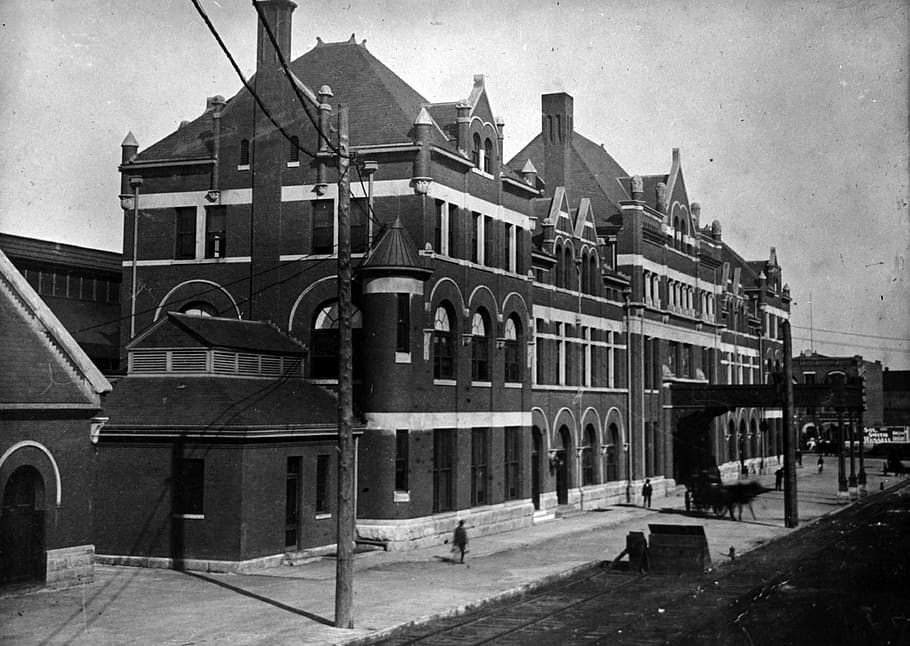 1900, Union Station, Montgomery, Alabama, edificio, foto, monocromo, dominio público, Estados Unidos, vintage