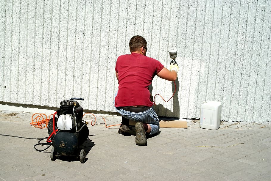 man painting, wall, gun, pictorial, painter, painting, people, employee, poland, paint