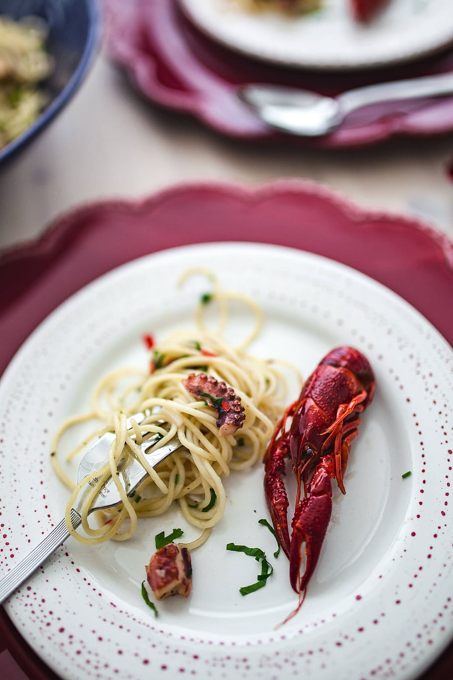 table, dinner, elegant, seafood, pasta, crayfish, octopus, Fancy, red, wine