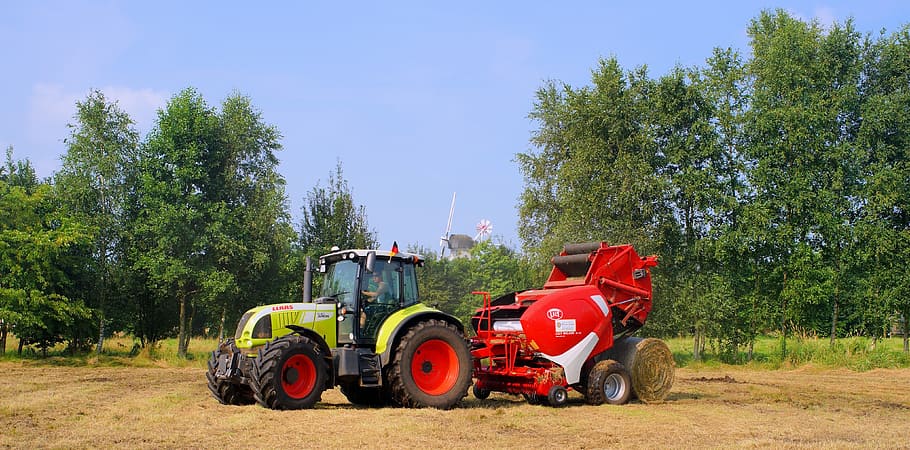 tractor, round baler, custom work, hay, retract, meadow, agriculture, press, bauer, summer