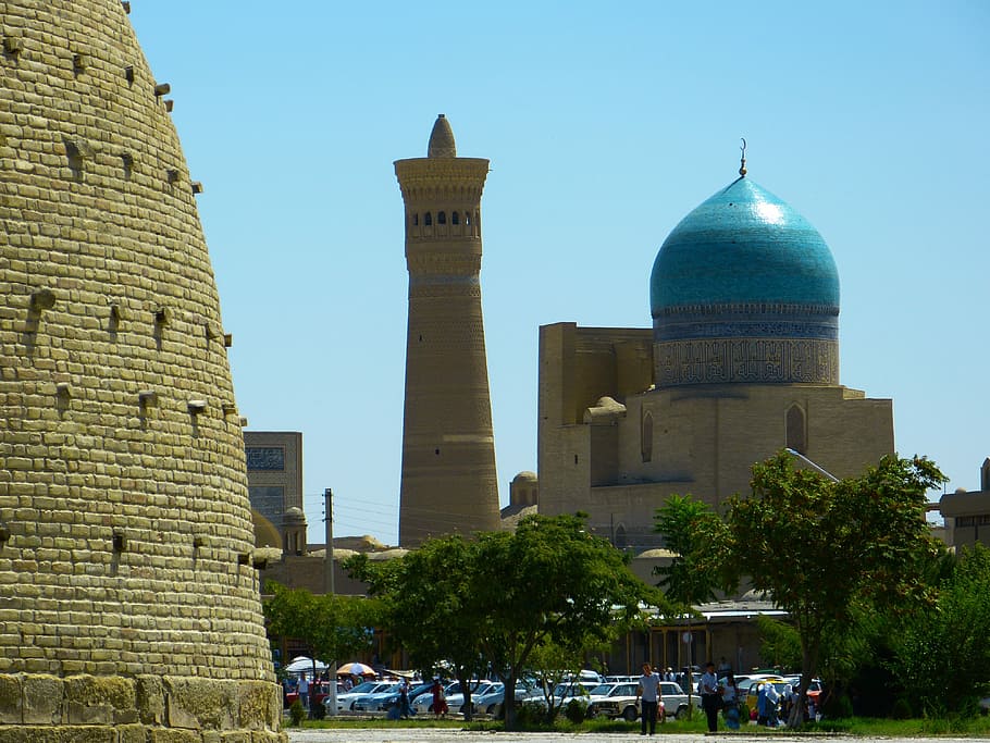 Castelo, parede, arca, cidade, vista para a cidade, minarete, muralha do castelo, cúpula, mesquita kalon, bukhara