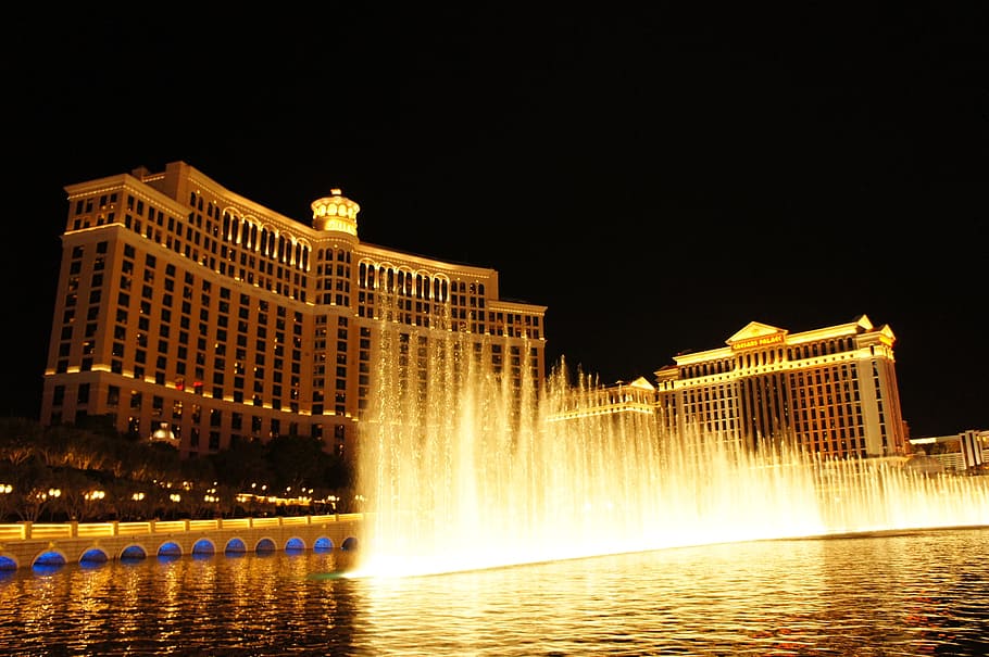 water fountain, beige, concrete, building, bellagio, las vegas, hotel, fountain, casino, water
