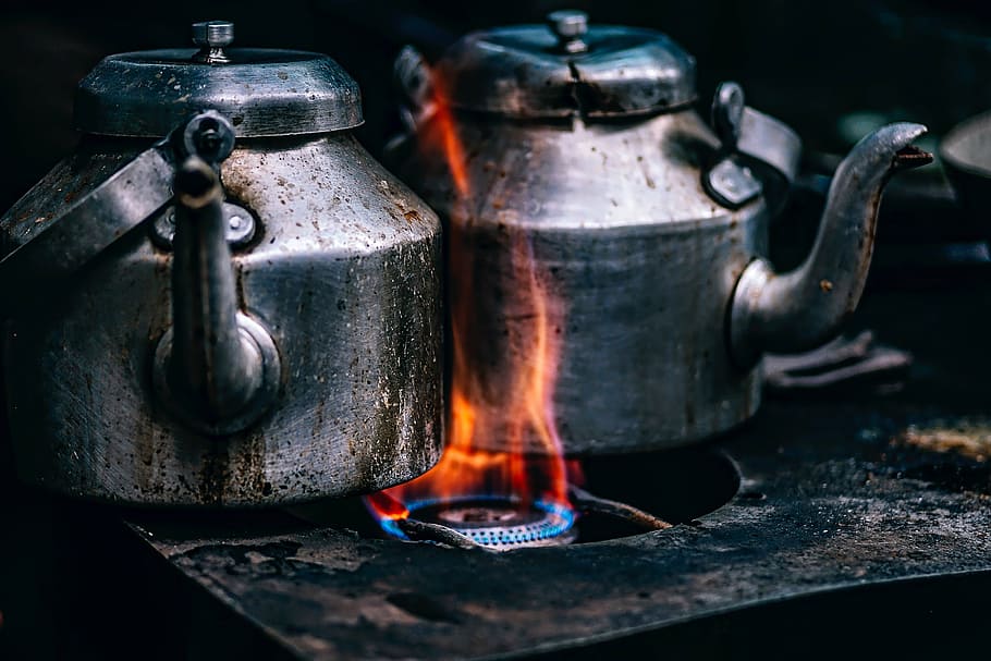 two, gray, kettle, sharing, one, burner stove, teapots, pots, cook stove, flame