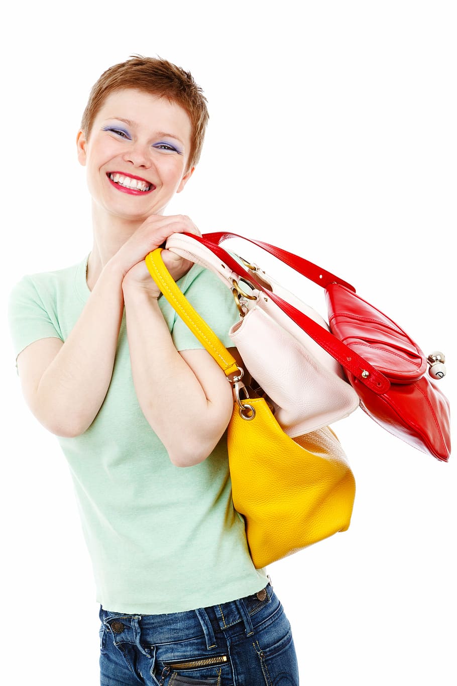woman, holding, three, assorted-color handbags, adult, bag, bags, buy, buyer, consumer