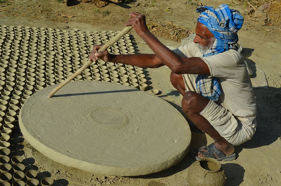 tembikar, orang tua, bekerja di desa, manusia, berkerut, lumpur, pria, orang, bekerja, satu orang