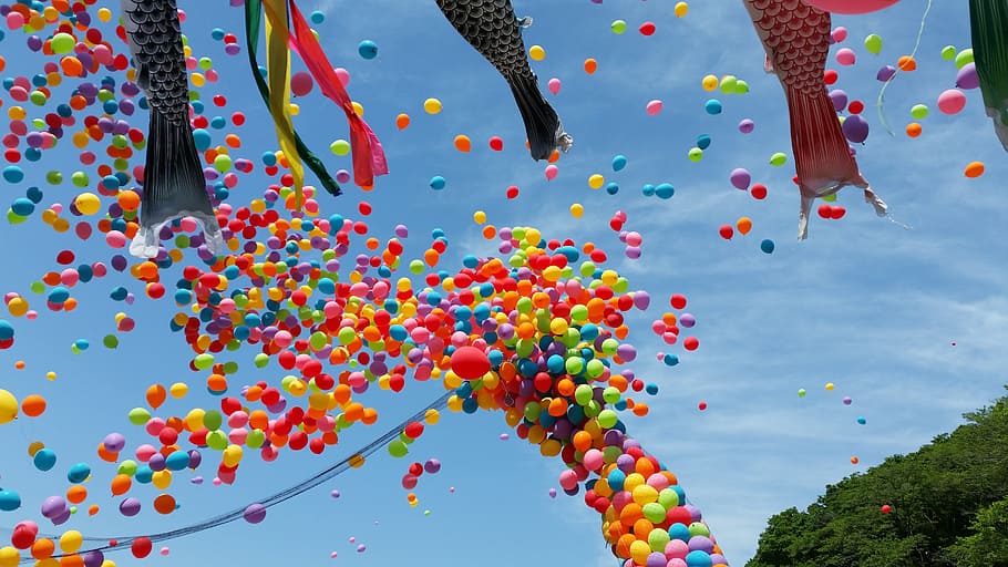 balon warna-warni, warna-warni, balon, hari anak-anak, jepang, koinobori, langit, karper, tradisi, ikan