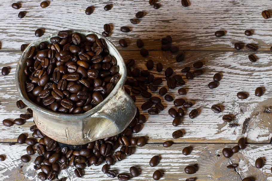 pot, coffee beans, coffee, mug, coffee mug, cup, spill, beans, coffee shop, drink