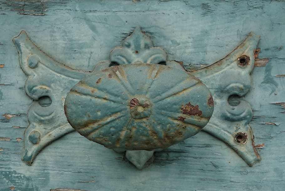 blue, brown, metal knob, wooden, surface, door knob, door, knauf, old, antique