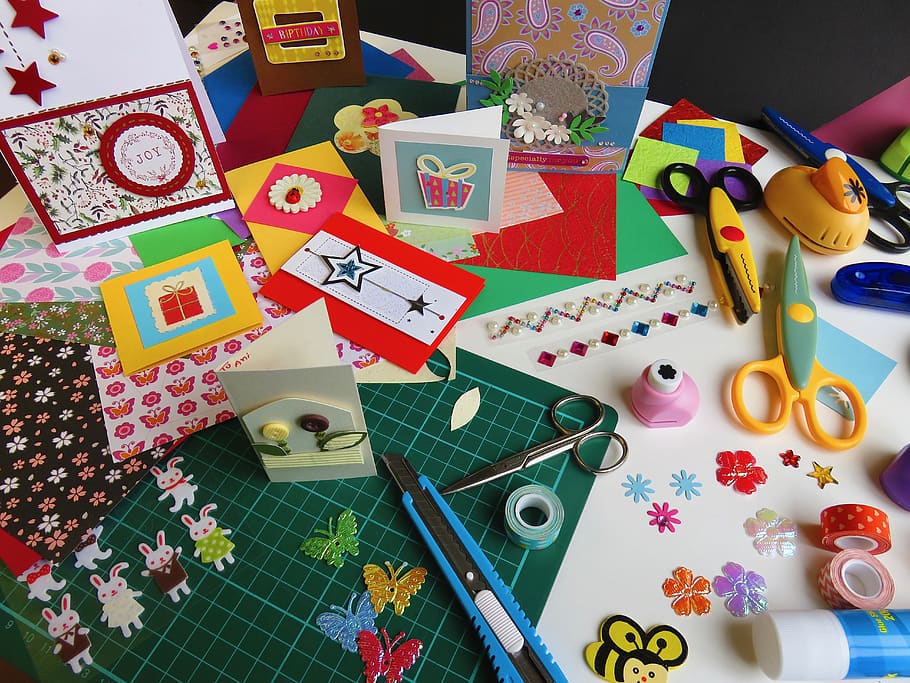 craft, paper craft, card making, handcraft, card, handicrafts, arts, high angle view, still life, large group of objects